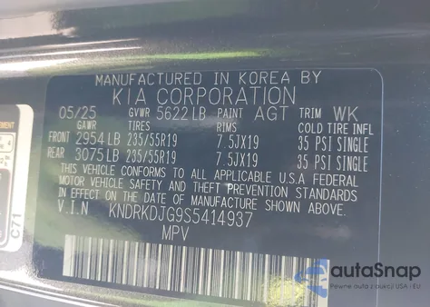 2025 Kia Sorento Hybrid Sx Prestige z USA, uszkodzony, nr VIN KNDRKDJG9S5414937